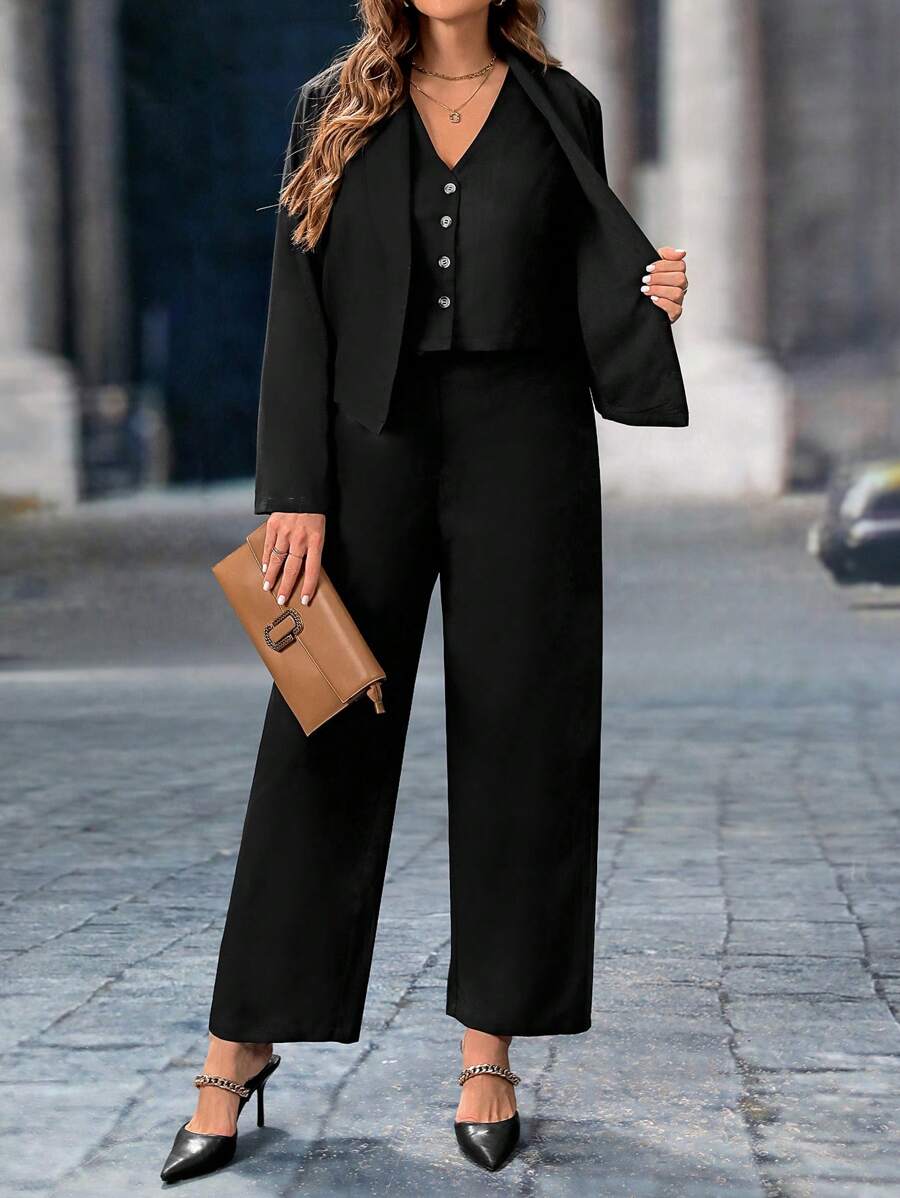 SHEIN Clasi Plus Size Women 3-Piece Set: Blazer Vest & Trousers - Black - View 1
