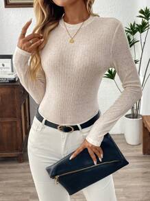 EMERY ROSE Spring Clothes Women's Solid Color Stand Collar Ribbed Slim-Fit Long Sleeve T-Shirt
