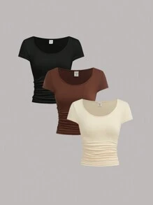 SHEIN WESTFADE Young Vielseitiges Lässig Urban Monochrom Enges T-Shirt Set für Teenager Mädchen (3 Farben: Schwarz, Weiß, Grau)