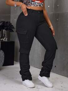 SHEIN ICON Plus Size Women's Casual Multi-Pocket Washed Denim Flare Pants - Black - View 3