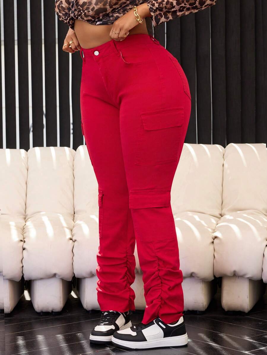 Slaydiva Plus Size Women Multi-Pocket Washed Denim Flared Pants, Casual - Red - View 1