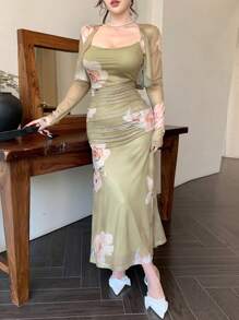 DAZY 2pcs Women Flower Print Minimalist Top And Dress Set, Long Sleeve - Green - View 5