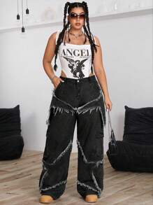 SHEIN ICON 大码女式拼布磨边口袋宽松休闲百搭直筒牛仔裤 - 黑色 - 查看 3