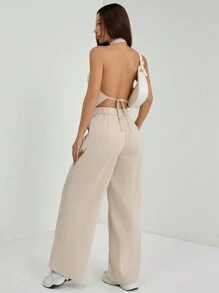 SHEIN PETITE Spring/Summer Office Lady V-Neck Sleeveless Top With Open Back & Wide Leg Pants, Slimming And Lengthening Outfit For Streetwear