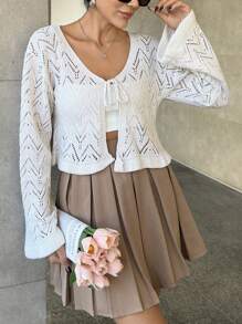 EURMUSE Tie Front Pointelle Knit Crop Cardigan - Apricot - View 1