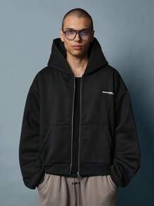 SUMWON Sudadera con capucha de estilo urbano con cremallera, estampado tipográfico árabe en la espalda, capucha ajustable, esencial para el streetwear y el athleisure en otoño e invierno