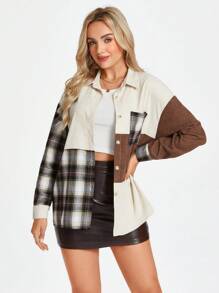 SHEIN LUNE Women's Elegant Casual Commuting Shirt With Vintage Plaid, Color Contrast, Button Collar, Pockets, Corduroy Patchwork, Suitable For Autumn And Winter