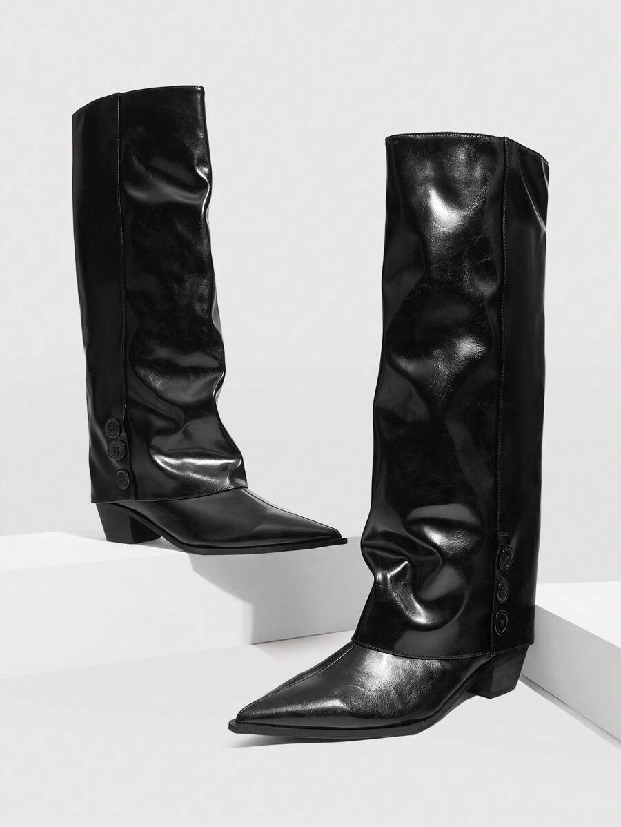 CUCCOO GRLICON 女士过膝靴，Y2K 风格，朋克摇滚，机车风，酷女孩，适合万圣节、圣诞节、派对场合 - 黑色 - 查看 1