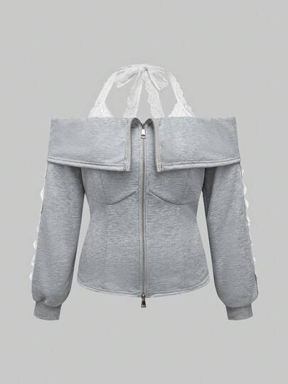 Kawaii Plus Size Off The Shoulder Contrast Lace Form-Fitting Hoodie