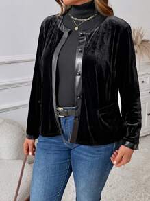 Plus Size Korean Plush & PU Leather Collar Splice Mushroom Button Decor Round Neck Long Sleeve Short Jacket - Black - View 1