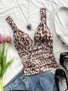 Soleia Vrouwen Plus Size Vintage Leopard Print Camisole Tank Top Met Gerimpelde Taille, Geschikt Voor Herfst/Wintervakantie