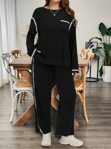 大码女式两件套针织上衣配撞色饰带休闲修身套装 - 黑色 - 查看 6