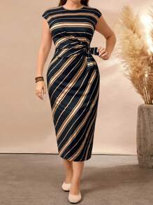 SHEIN LUNE Plus Size Women Striped Print Bowknot Collar Dress Women Outfit, For Summer - Multicolor - View 1