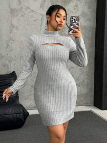 SHEIN EZwear Plus Size Women Ribbed Zip Detail Fitted Midi Dress, Autumn/Winter - Grey - View 7