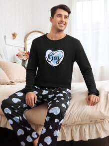 Manfinity Conjunto de pijama para hombres con estampado de letras y corazones de manga larga