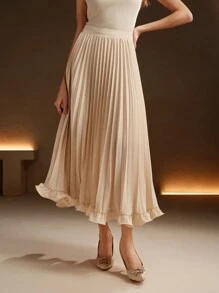 Anewsta Elegant Commuting Apricot Color Pleated Woven Ruffle Hem Skirt For Women Maxi - Apricot - View 6