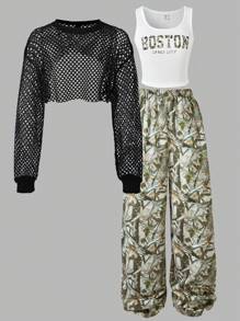 SHEIN Bộ 3 áo lưới in chữ cho bé gái tuổi teen, áo ba lỗ và quần in họa tiết, thường ngày - màu đen - Xem 3