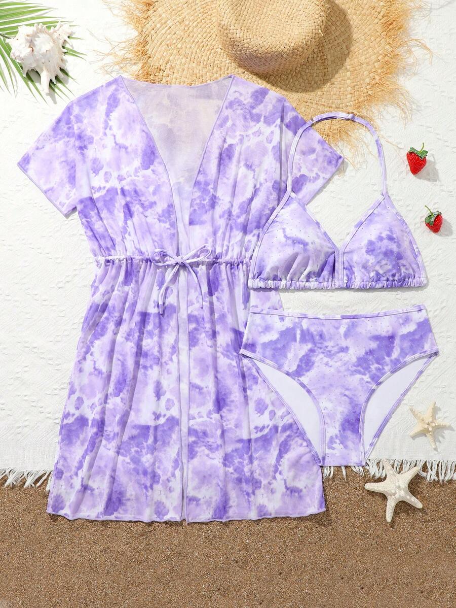 Teen Girl Tie-Dye Print Halter Bikini Set With Cover-Up Dress