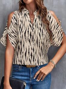 SHEIN LUNE Camisa de mujer casual con patrón geométrico y hombros abiertos, manga dividida, adecuada para atuendos de verano para ir al trabajo - Multicolor - Ver 7