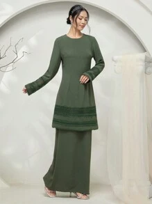 Graceveil Baju Kurung 纯色立领系带宽松简约时尚休闲日常服装适中 - 橄欖綠 - 查看 5