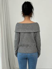 Chiquease Suéter de punto sólido casual con botón de adorno circular en el hombro para mujer, jersey de punto de otoño/invierno - Gris - Ver 2