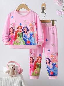 2 pièces Ensemble sweat-shirt et pantalon avec imprimé de personnages de dessins animés mignons et de papillons pour jeunes filles, magenta, nouvelles arrivées pour l'automne/hiver, convient pour les couches, le port extérieur et intérieur, - Rose bonbon - Voir 1