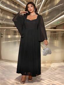 Allurite Plus Size Elegant Banquet Strapless Square Collar Flared Waist Slim Long Black Dress With Inner Lining, Pleated Pearl Chiffon Long Sleeve, For Spring/Autumn Maxi Women Outfit