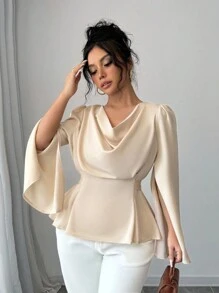 Elenzga Blusa/Top con peplum de mujer de talla grande, unicolor, con abertura en las mangas, cintura con nudo y escote bajo - Albaricoque - Ver 5