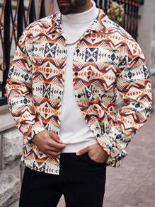 Manfinity Homme Plus Size Men's Geometric Pattern Long Sleeve Single-Breasted Casual Overcoat,Beige Autumn Winter Warm Colorful Overcoat For Holiday,Gifts For Husband - Multicolor - View 4