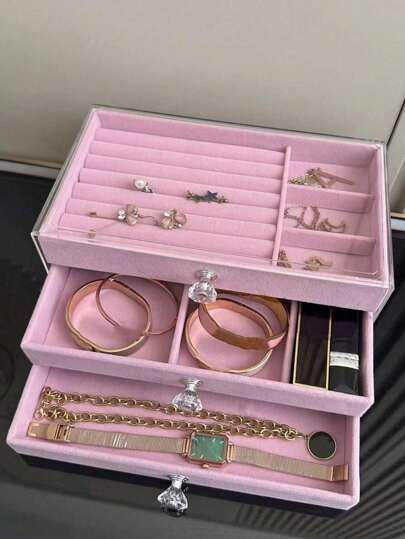 1 件透明亚克力天鹅绒珠宝收纳盒，带 3 个抽屉，可堆叠展示收纳耳环项链戒指手镯盒，女士现代便携式珠宝盒，适合家庭，情人节礼物，家居装饰，粉色