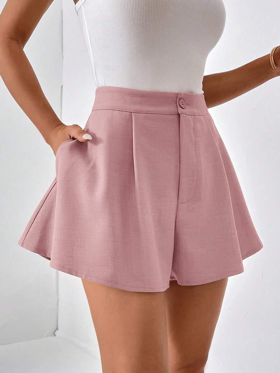 SHEIN Essnce 女士休闲斜口袋简约短裤，夏季 - 藕粉色 - 查看 1