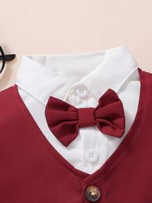 Souflis Souflis 4 件套男婴绅士风蝴蝶结衬衫、吊带和裤子套装，卡其色，秋冬 - 酒紅色 - 查看 4