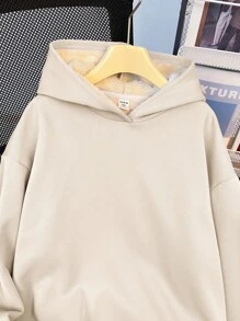 Teen Girl Solid Color Block White Casual Loose Fit Sweatshirt, In Fall/Winter - Apricot - View 3