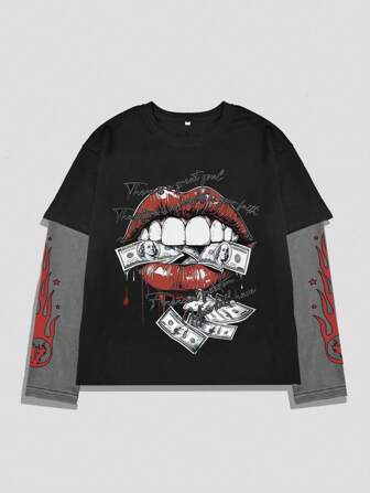 Street Life Camiseta de manga larga con estampado de doble capa, estilo urbano para hombres