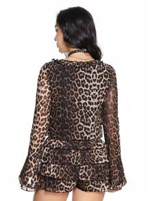 ROMWE Grunge Punk Ensemble de short court et de cardigan avec dentelle imprimé guépard Y2K. Hauts à manches longues avec nœud papillon pour femmes - Tabac - Voir 2