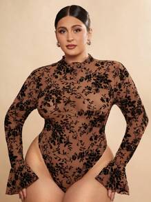 SHEIN BAE Plus Size Autumn And Winter Fashion Sexy And Elegant Women's Elastic Plus Size See-Through Sweet High Collar Fungus Ruffled Cuffs See-Through Black Elastic Flocking Jacquard Mesh Bodysuit, Super Versatile, Can Be Worn Inside Or Outside