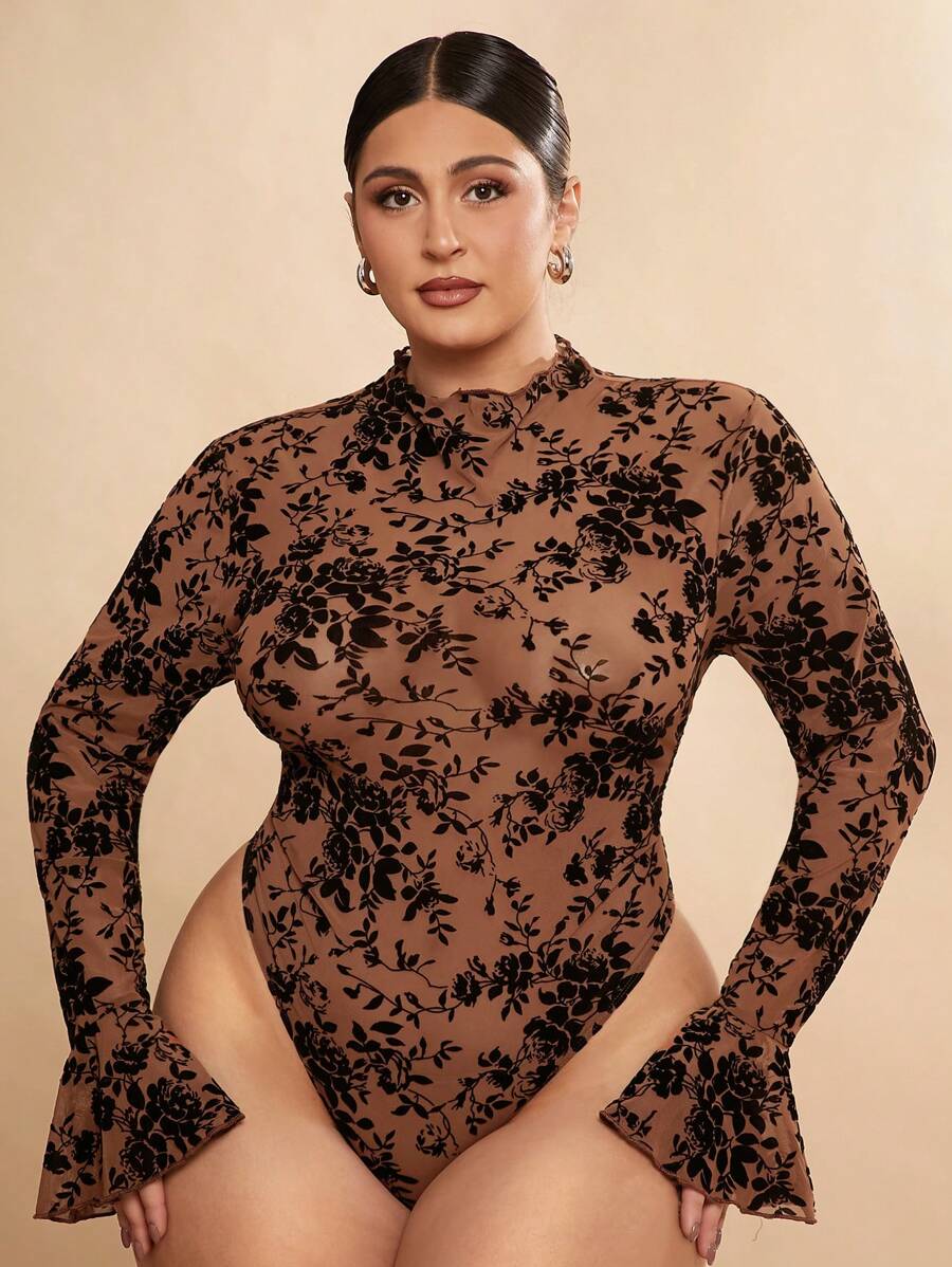 SHEIN BAE Plus Size Autumn And Winter Fashion Sexy And Elegant Women's Elastic Plus Size See-Through Sweet High Collar Fungus Ruffled Cuffs See-Through Black Elastic Flocking Jacquard Mesh Bodysuit, Super Versatile, Can Be Worn Inside Or Outside