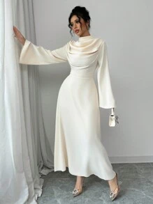 Elenzga Women's Stand Collar Pleated Long Sleeve Solid Color Mid-Length Dress Maxi Women Outfit