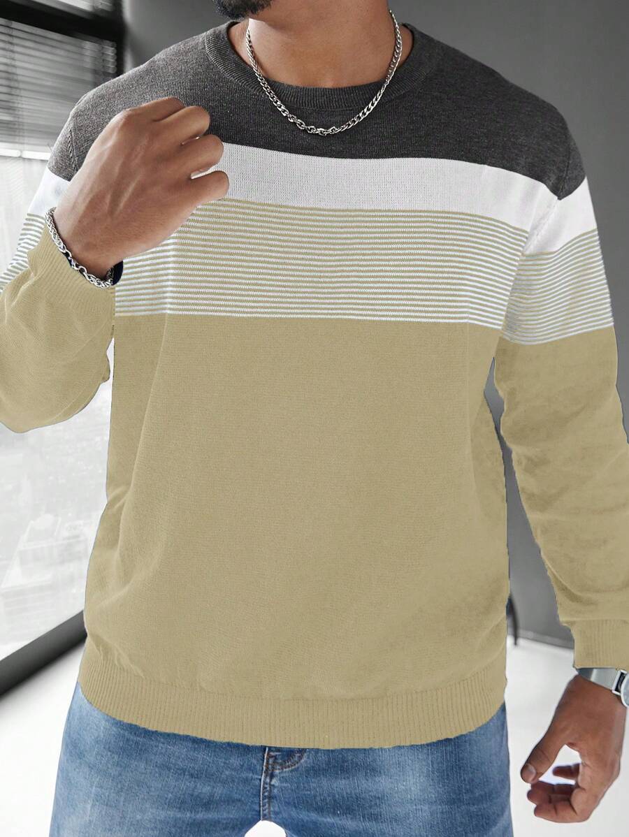 Manfinity Homme Plus Size Men's Color Block Crew Neck Casual Pullover Sweater - Apricot - View 1