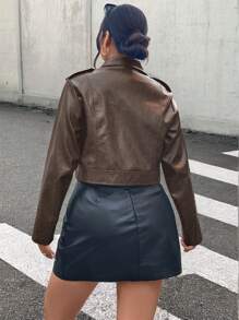 SHEIN Privé 大码女式休闲复古宽松短款拉链长袖 PU 夹克，舒适秋冬季 - 灰色 - 查看 2