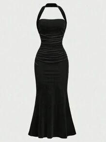 SHEIN Girlism Tween Girls Solid V-Neck Sleeveless Ruched Waist Velvet Elegant Party Dress Mermaid Halter Neck Dress
