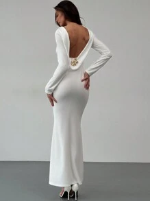 Aloruh Elegant Backless Metallic Decor Fish Tail Maxi Party Dress