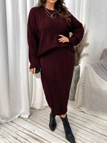 Calvaya Plus Size Solid Color Long Sleeve Loose Fit Pullover Sweater & Skirt Set