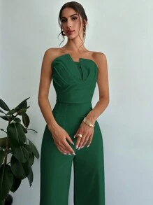 Firerie 女士优雅设计不对称修身抹胸和高腰仿骨直筒裤套装 - 墨綠色 - 查看 4