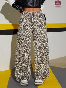 SHEIN Tall Women's Leopard Print Utility Pocket Wide-Leg Loose Casual Pants - Multicolor - View 3