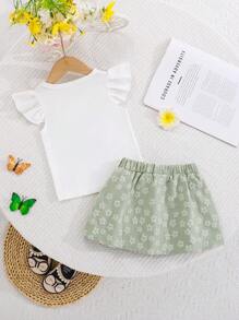 2pcs/Set Baby Girls Casual Outfit, Consists Of Floral Print Sweater Top And A-Line Skirt, Suitable For Spring & Summer