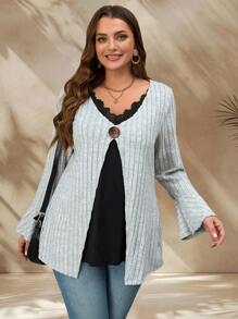 EMERY ROSE Plus Size Bell Sleeve Top V-Neck Contrast Lace Patchwork Long Sleeve T-Shirt - Grey - View 5