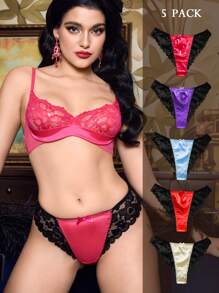 PinupGlam Set de 5 bragas de mujer con encaje, lazo y satén, de estilo sexy