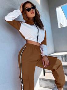 SHEIN Unity 2 件女式简约休闲拉链夹克和长款上衣，日常穿着 - 棕色 - 查看 4
