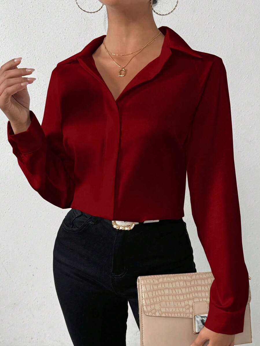 EMERY ROSE Women's Solid Color Long Sleeve Single-Breasted Casual Red Blouse, Autumn Women Shirt Fall Cloth For Women - Redwood - View 1